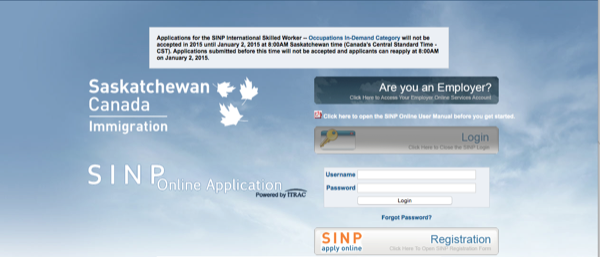 The SINP login page